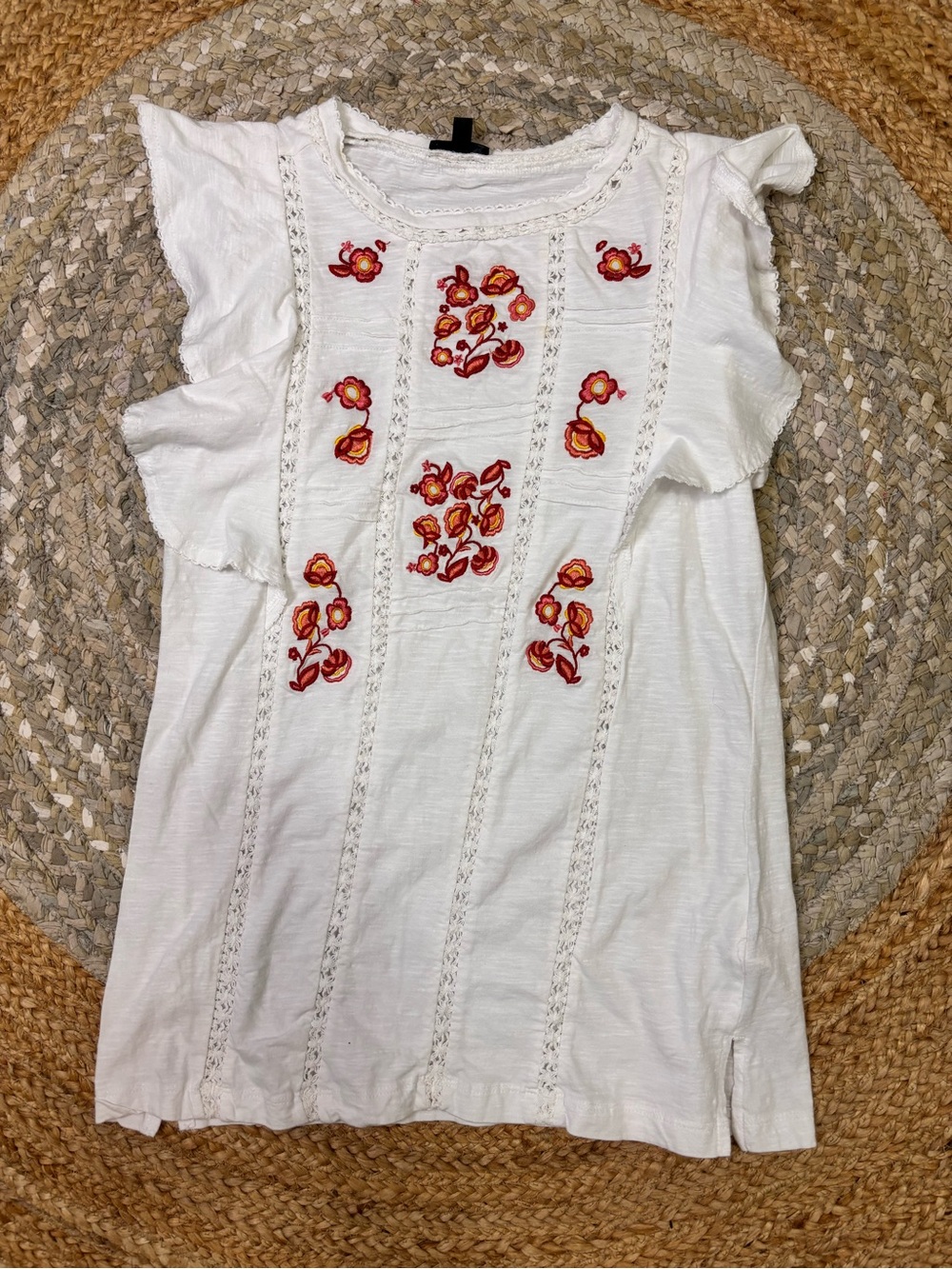 Hannah White Tank Top with Red & Orange Floral Embroidery